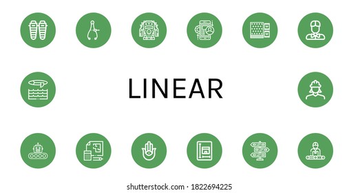 conjunto de iconos lineales. Colección de Shin, Caliper, Jacket, aplicación móvil, Napkin, Waiter, Producción, Blueprint, neopaganismo semita, Signpost, Ingeniero, Iconos de Surf