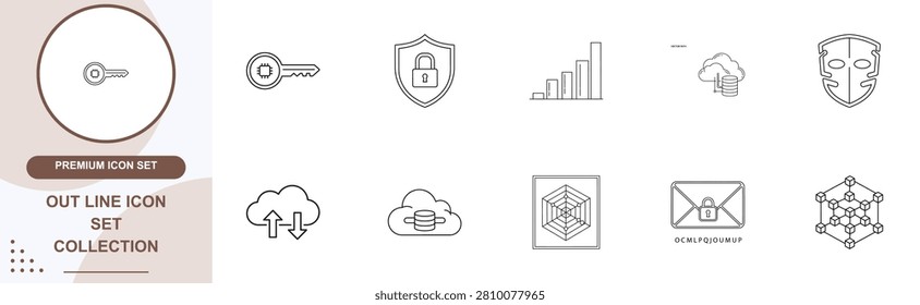 Linear icon set covering advanced technology infrastructure cloud storage data blocks security and analytical diagram systems.