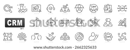 Linear icon set for CRM showing customer service, lead generation, analytics, automation, cloud CRM, partnership, workflow, growth, editable stroke style