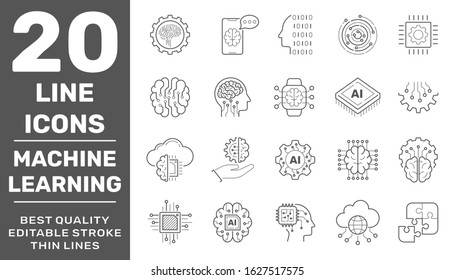 Linear icon set of Data science technology and machine learning process. Editable Stroke. EPS 10