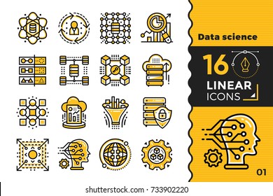 Linear icon set of Data science technology and machine learning process. Material design icon suitable for print, website and presentation