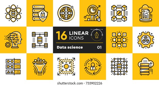 Linear Icon Set Of Data Science Technology And Machine Learning Process. Material Design Icon Suitable For Print, Website And Presentation