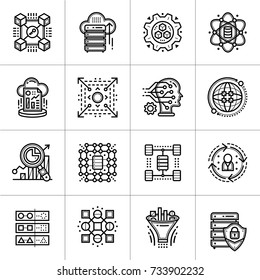 Linear icon set of Data science technology and machine learning process. Material design icon suitable for print, website and presentation