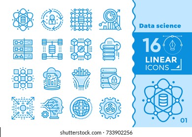 Linear Icon Set Of Data Science Technology And Machine Learning Process. Material Design Icon Suitable For Print, Website And Presentation