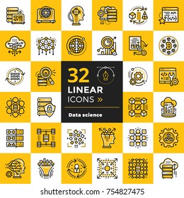 Linear icon set of Data science technology and machine learning process. Material design icon suitable for print, website and presentation