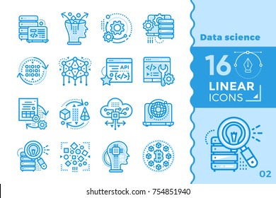 Linear icon set of Data science technology and machine learning process. Material design icon suitable for print, website and presentation