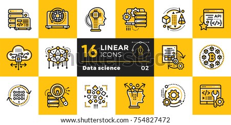 Linear icon set of Data science technology and machine learning process. Material design icon suitable for print, website and presentation