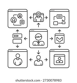 Conjunto de iconos lineales que representan varios perfiles de redes sociales y pantallas de interacción