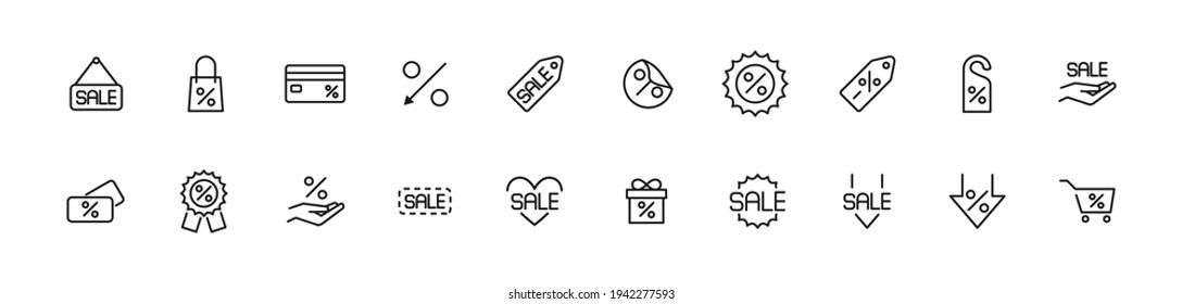 Linear icon set of discount. Editable vector signs. Trendy outline pictograms. Premium pack of discount thin line icons. 