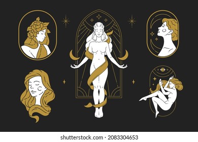 Linear Icon Set Esoteric Woman Goddess With Half Moon And Stars Wearing Flower In Hair Vector Illustration. Golden Female Antique Lady Meditation Posing At Abstract Frame Logo Simple Beauty Spa Emblem