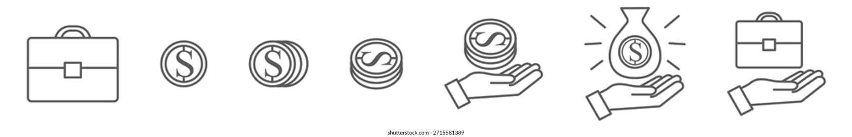 Conjunto de iconos lineales con un maletín y dinero, incluida una mano que sostiene un maletín o dinero en efectivo. Símbolos lineales aislados en un fondo transparente, conveniente para las finanzas, negocio, salario, pagos, 