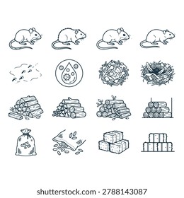 Linear icon set featuring rodents and associated home storage problems like wood piles and pest nesting infestation cleaning maintenance