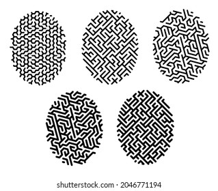 Linear icon. Set of fingerprint mazes with unique cells. Fingerprint biometric identification. Simple black and white vector isolated on white background