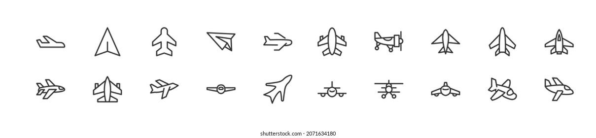 Lineares Icon-Set für den Flug. Bearbeitbare Vektorzeichen. Trendy Umrisspiktogramme. Premium-Paket mit dünnen Fluglinien-Symbolen. 