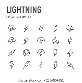 Conjunto de iconos lineales de relámpago. Signos vectoriales editables. Pictogramas de diseño. Paquete premium de iconos de línea delgada relámpago.