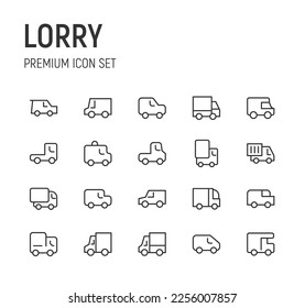 Linear icon set of lorry. Editable vector signs. Trendy outline pictograms. Premium pack of lorry thin line icons. 