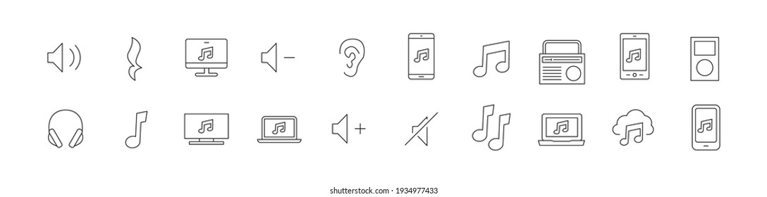 Linear icon set of mobile music. Editable vector signs. Trendy outline pictograms. Premium pack of mobile music thin line icons. 