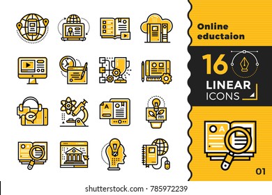 Linear Icon Set Of Online Education And E-learning. Material Design Icon Suitable For Print, Website And Presentation