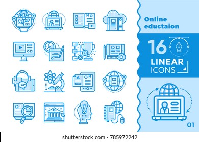 Linear icon set of Online education and e-learning. Material design icon suitable for print, website and presentation