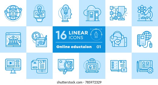 Linear Icon Set Of Online Education And E-learning. Material Design Icon Suitable For Print, Website And Presentation