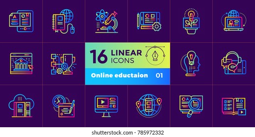 Linear icon set of Online education and e-learning. Material design icon suitable for print, website and presentation