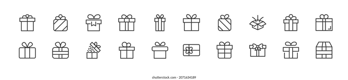 Linear icon set of present box. Editable vector signs. Trendy outline pictograms. Premium pack of present box thin line icons. 