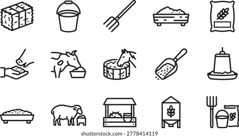 Linear icon set representing livestock care feeding supplies agricultural grain storage buckets pitchforks and farming equipment. Essential vector graphics for farm management and animal husbandry.
