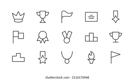 Juego de recompensas con icono lineal. Signos vectoriales editables. Pictogramas de diseño. Paquete premium de iconos de línea delgada de recompensa. 