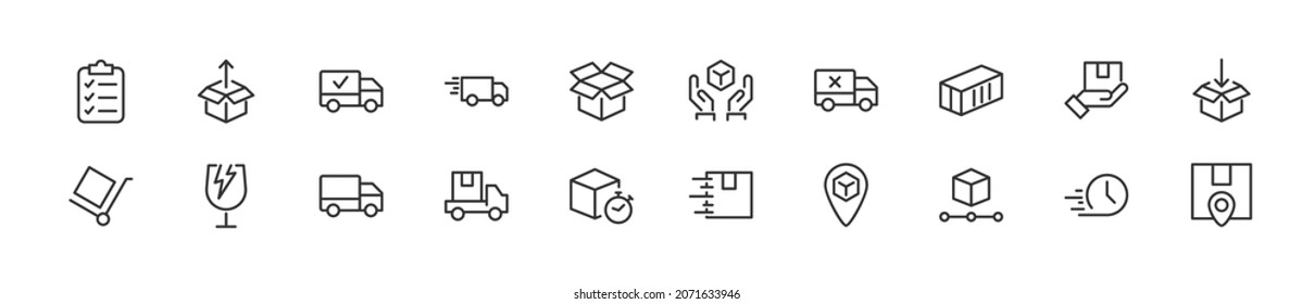 Linear icon set of shipping. Editable vector signs. Trendy outline pictograms. Premium pack of shipping thin line icons.