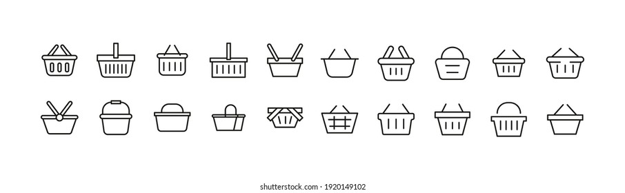 Linear icon set of shop basket. Editable vector signs. Trendy outline pictograms. Premium pack of shopping basket thin line icons. 