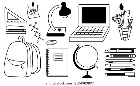 linear icon set of stationery for school and education. icons for logo sticker website poster