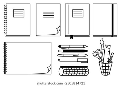 Lineare Ikonen von Schreibwaren für Schule und Bildung. Symbole für Logo Aufkleber Website Poster