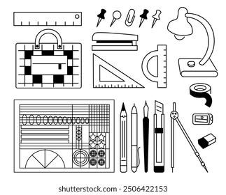 linear icon set of stationery for school and education. icons for logo sticker website poster