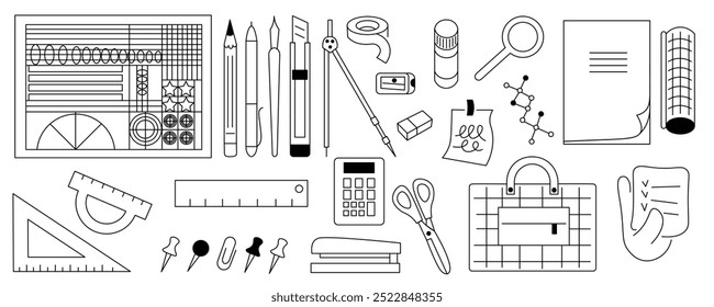 linear icon set of stationery and stuff for school and education. icons for logo stickers website poster