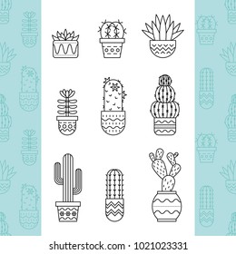 Linear icon set  of succulent plants and cactuses in pots in trendy linear style, editable stroke. Logo element design