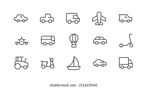 Juego de iconos lineales de transporte . Signos vectoriales editables. Pictogramas de diseño. Paquete premium de iconos de línea delgada de transporte. 
