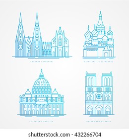 Linear icon set. World famous cathedral. Landmarks of europe.. Cologne Cathedral, Notre Dame de Paris Cathedral St. Peter Basilica, St. Basil Cathedral,