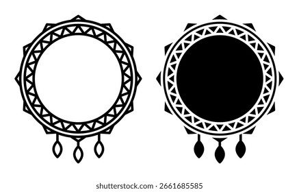 Linear icon. Shamanic drum decorated with magical ornaments and amulets. Simple black and white vector isolated on white background