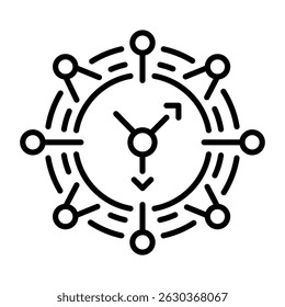 A linear icon showing futuristic clock 