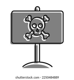 Linear icon, sign plate with skull and crossbones. Hazard symbol, minefield designation. Simple black and white vector isolated on white background