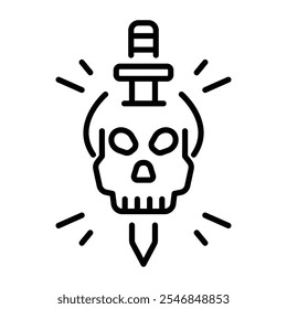 A linear icon of a skull with a dagger tattoo design.