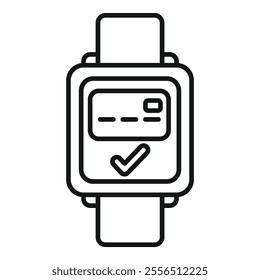 Linear icon of a smartwatch showing a credit card and a check mark, indicating successful payment