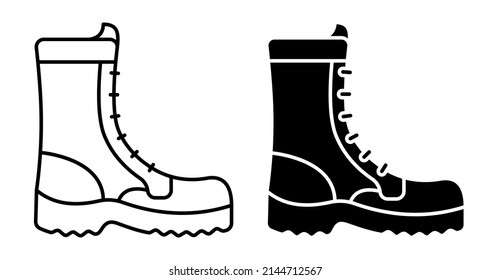 Linear icon, soldier high boots with lace. Military and tourist protective uniforms. Simple black and white vector isolated on white background