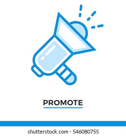 Linear icon of speaker, promote concept. Pictogram in outline style on white. Vector modern flat design element for mobile application and web design.