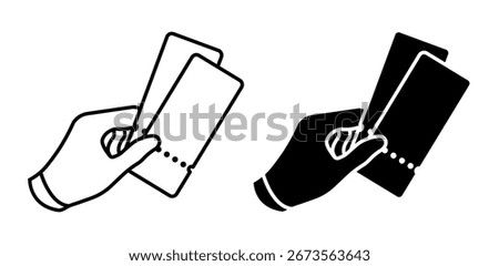 Linear icon. Spectator presents tickets to enter a concert circus performance. Simple black and white vector isolated on white background