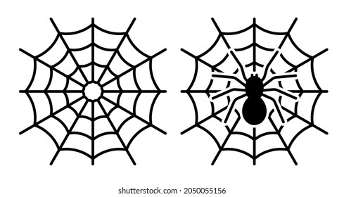 Linear icon. Spider web with a black spider in center. Design element for Halloween. Simple black and white vector isolated on white background