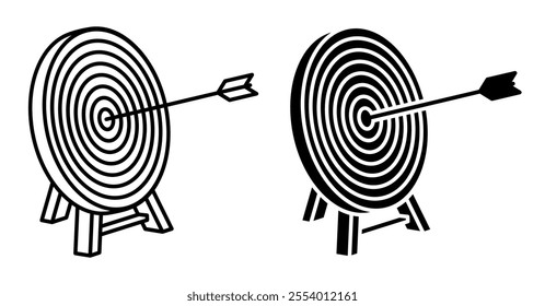 Linear icon, sports target for archery arrows on stand. Equipment for sports competitions. Simple black and white vector isolated on white background