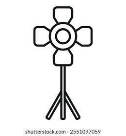 Linear icon of a spotlight standing on a tripod, isolated on a white background