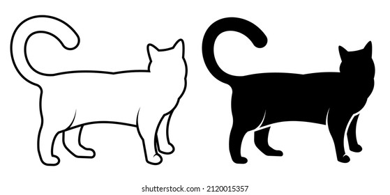 linear icon. Standing cat turned its head and waits his owner. Silhouette of domestic cat, pets. Simple black and white vector isolated on white background