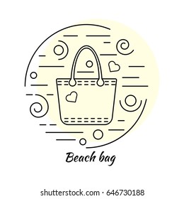 Linear icon style picture. Beach bag in circle collage with decorative elements - lines and swirls. Color background. Vector illustration.